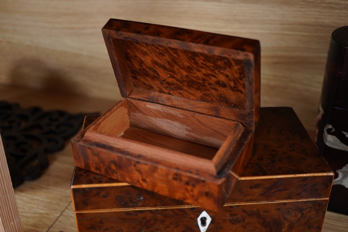 A group of collectables to include a gilt wall bracket, burr walnut tea caddy, lacquer wares etc.(7) Lacqured book box 18.5cm high.
